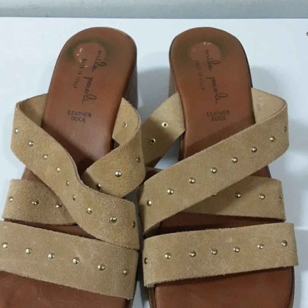 Mila Paoli women sandals leather suede 8 tan casual vacation beach summer